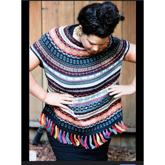 Carolina K Alpaca Wool Fringe Poncho Sweater Multicolor Geometric Medium Boho - Picture 10 of 14